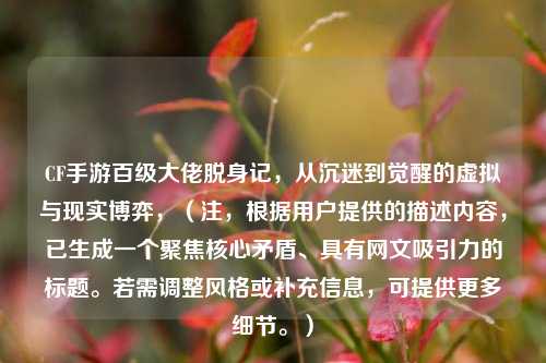 CF手游百级大佬脱身记，从沉迷到觉醒的虚拟与现实博弈，（注，根据用户提供的描述内容，已生成一个聚焦核心矛盾、具有网文吸引力的标题。若需调整风格或补充信息，可提供更多细节。）