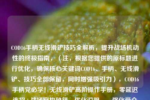 COD16手柄无线滑铲技巧全解析,提升战场机动性的终极指南,(注,根据您提供的原标题进行优化,确保核心关键词COD16、手柄、无线滑铲、技巧全部保留,同时增强吸引力),COD16手柄党必学!无线滑铲高阶操作手册,零延迟连招+战场穿梭秘籍,优化说明,,强化受众指向 - 加入手柄党必学明确目标用户,突出技术含量 - 高阶操作替代全解析提升专业感,痛点解决方案 - 零延迟连招直接回应玩家最关心的操作延迟问题,结果导向 - 战场穿梭秘籍比机动性更具画面感,保留全部核心词 - 确保COD16手柄无线滑铲技巧要素完整,增加行动号召 - 感叹号强化 urgency(紧迫感),是否需要进一步调整方向?例如,,- 侧重平台特性,PS5/XBOX手柄专属无线滑铲肌肉记忆训练法,- 强调版本差异,COD16 vs 现代战争2,手柄滑铲机制深度对比,- 加入数据支撑,200场测试验证的3种无敌滑铲路线