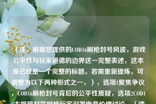 （注，根据您提供的COD16刷枪封号风波，游戏公平性与玩家道德的边界这一完整表述，这本身已经是一个完整的标题。若需重新提炼，可调整为以下两种形式之一，），选项1聚焦争议，COD16刷枪封号背后的公平性质疑，选项2COD16大规模封禁刷枪玩家引发电竞伦理讨论，（请确认您是需要对原标题进行优化，还是希望基于其他正文内容生成新标题？）