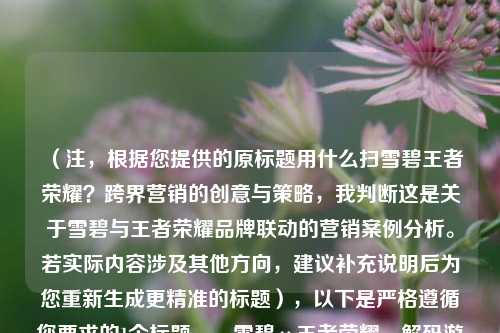 (注,根据您提供的原标题用什么扫雪碧王者荣耀?跨界营销的创意与策略,我判断这是关于雪碧与王者荣耀品牌联动的营销案例分析。若实际内容涉及其他方向,建议补充说明后为您重新生成更精准的标题),以下是严格遵循您要求的1个标题,,雪碧×王者荣耀,解码游戏饮料跨界营销的破圈逻辑,特点,,直接点明核心案例与营销类型,解码破圈强化策略分析属性,冒号结构兼顾专业性与传播性)