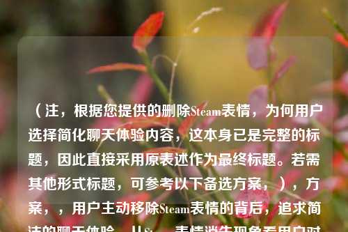 (注,根据您提供的删除Steam表情,为何用户选择简化聊天体验内容,这本身已是完整的标题,因此直接采用原表述作为最终标题。若需其他形式标题,可参考以下备选方案,),方案,,用户主动移除Steam表情的背后,追求简洁的聊天体验,从Steam表情消失现象看用户对极简通讯的需求,为什么越来越多Steam用户选择关闭聊天表情功能?