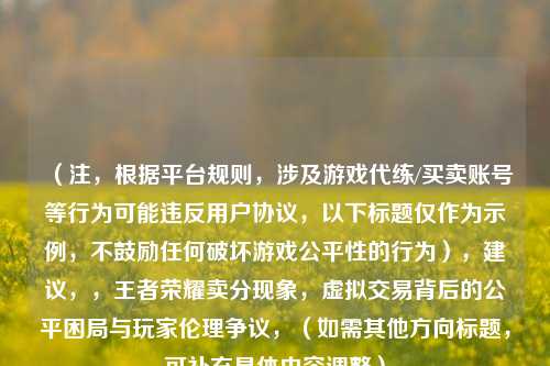 (注,根据平台规则,涉及游戏代练/买卖账号等行为可能违反用户协议,以下标题仅作为示例,不鼓励任何破坏游戏公平性的行为),建议,,王者荣耀卖分现象,虚拟交易背后的公平困局与玩家伦理争议,(如需其他方向标题,可补充具体内容调整)