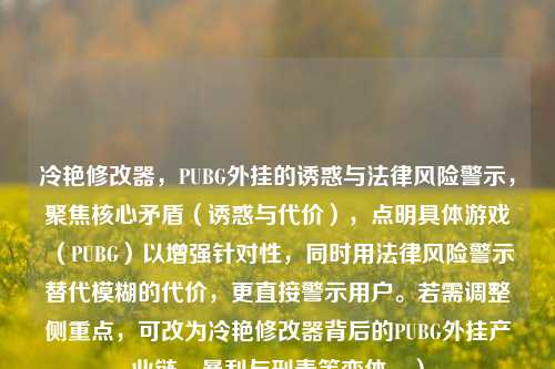 冷艳修改器,PUBG外挂的诱惑与法律风险警示,聚焦核心矛盾(诱惑与代价),点明具体游戏(PUBG)以增强针对性,同时用法律风险警示替代模糊的代价,更直接警示用户。若需调整侧重点,可改为冷艳修改器背后的PUBG外挂产业链,暴利与刑责等变体。)