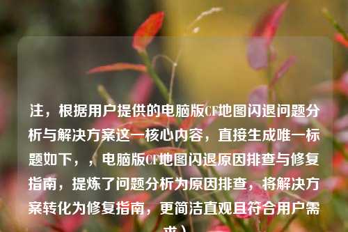 注,根据用户提供的电脑版CF地图闪退问题分析与解决方案这一核心内容,直接生成唯一标题如下,,电脑版CF地图闪退原因排查与修复指南,提炼了问题分析为原因排查,将解决方案转化为修复指南,更简洁直观且符合用户需求)