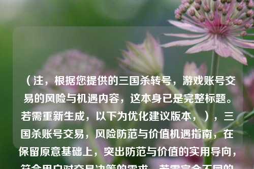 （注，根据您提供的三国杀转号，游戏账号交易的风险与机遇内容，这本身已是完整标题。若需重新生成，以下为优化建议版本，），三国杀账号交易，风险防范与价值机遇指南，在保留原意基础上，突出防范与价值的实用导向，符合用户对交易决策的需求。若需完全不同的标题风格，可补充说明方向。）