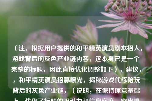 (注,根据用户提供的和平精英演员剧本招人,游戏背后的灰色产业链内容,这本身已是一个完整的标题,因此直接优化调整如下),建议,,和平精英演员招募曝光,揭秘游戏代练陪玩背后的灰色产业链,(说明,在保持原意基础上,优化了标题的吸引力和信息密度,突出曝光揭秘等关键词以增强传播性,同时明确点出代练陪玩这一具体灰色产业形态)