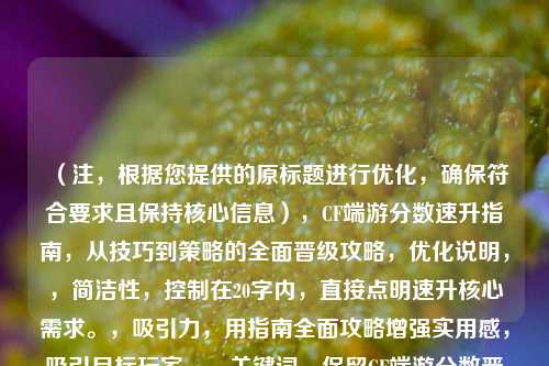 （注，根据您提供的原标题进行优化，确保符合要求且保持核心信息），CF端游分数速升指南，从技巧到策略的全面晋级攻略，优化说明，，简洁性，控制在20字内，直接点明速升核心需求。，吸引力，用指南全面攻略增强实用感，吸引目标玩家。，关键词，保留CF端游分数晋级等搜索高频词，便于检索。，结构清晰，通过冒号分层，前半句强调目标，后半句突出内容价值。，如需其他风格（如悬念式、提问式），可告知调整方向。