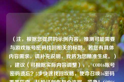 （注，根据您提供的示例内容，推测可能需要与游戏账号密码找回相关的标题。若您有具体内容需求，请补充说明，我将为您精准生成。），建议（可根据实际内容调整），，COD16账号密码遗忘？5步快速找回攻略，使命召唤16密码重置指南，从验证到恢复全流程，紧急！COD16账号丢失？官方+自助找回方法汇总，（请提供更多细节，如平台类型/具体问题，我将优化标题针对性。）